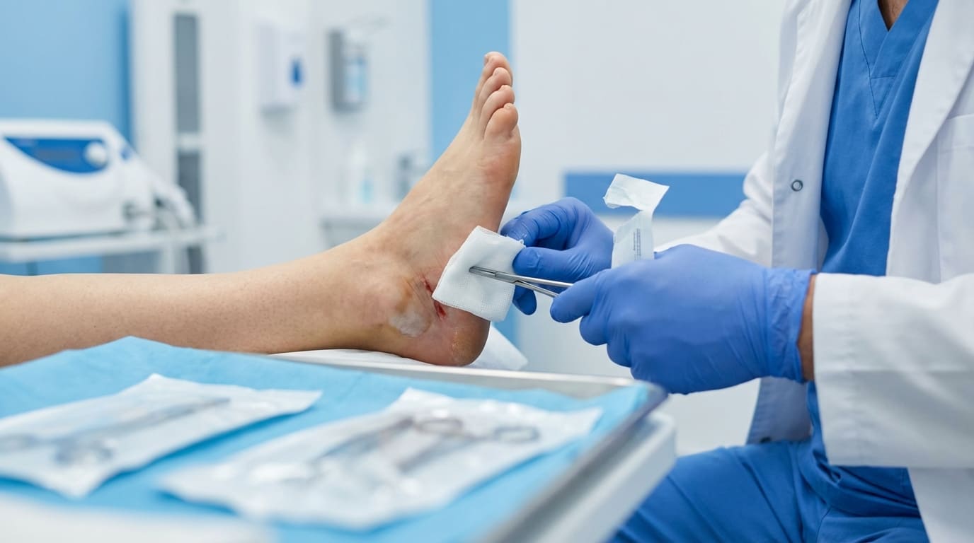 Clinician treating a foot wound with sterile gauze and forceps